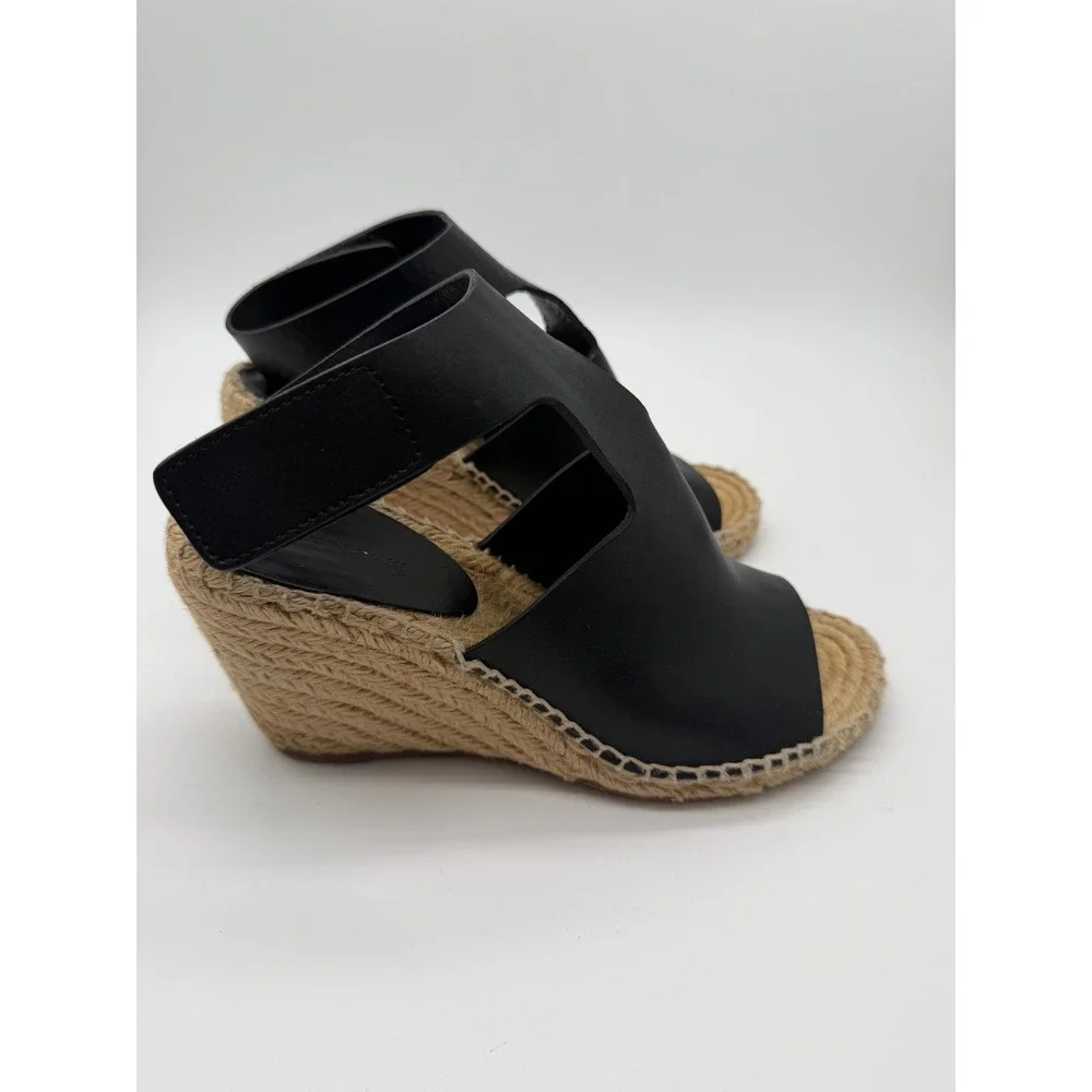 Celine Espadrille Wedge Sandals Womens 8 Black Leather Jute Platform Heel